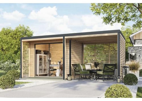 Gartenhaus Karibu Kaspi A Blech anthrazit inkl. Fußboden, Terrasse, Unterkonstruktion, Vordach, Anbaudach 539,5 x 276 cm