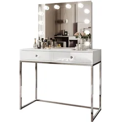 SCHMINKTISCH BLANCO GLAMOUR ELITE mit Spiegel und Beleuchtung Weiß Hochglanz Kristallgriff