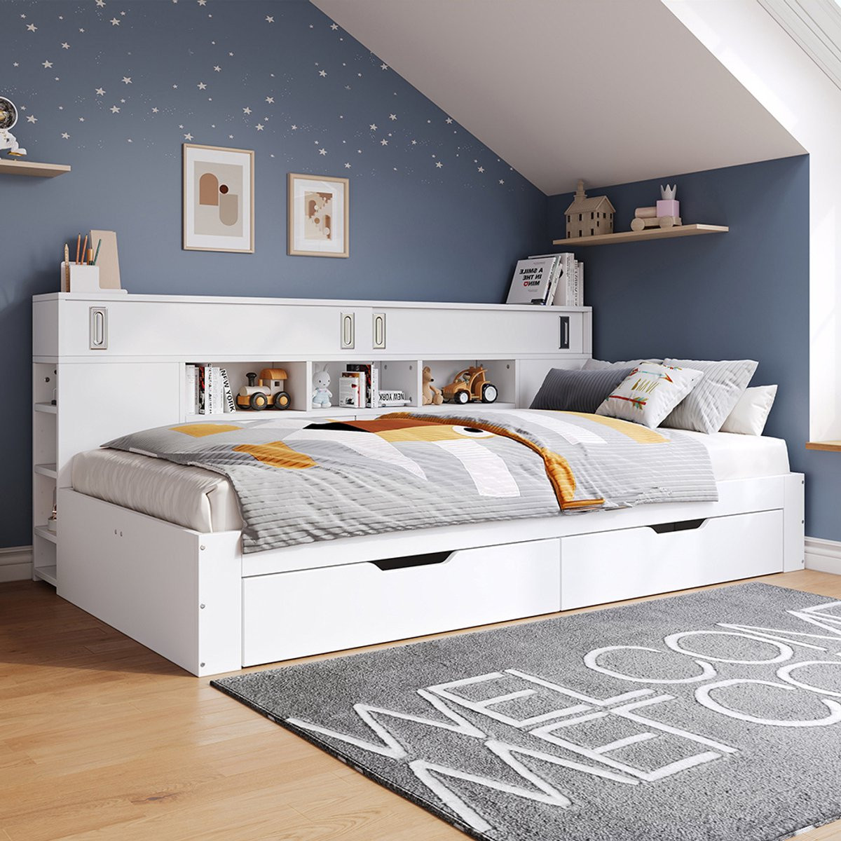 Pugsdrly Multifunctioneel Kinderbed met Lades en Opbergkast, Wit, 90 x 200 cm