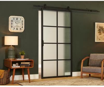 "Pinecroft French Glass Barn Door Kit with Black Frame and Frosted Glass 42"" x 84"""