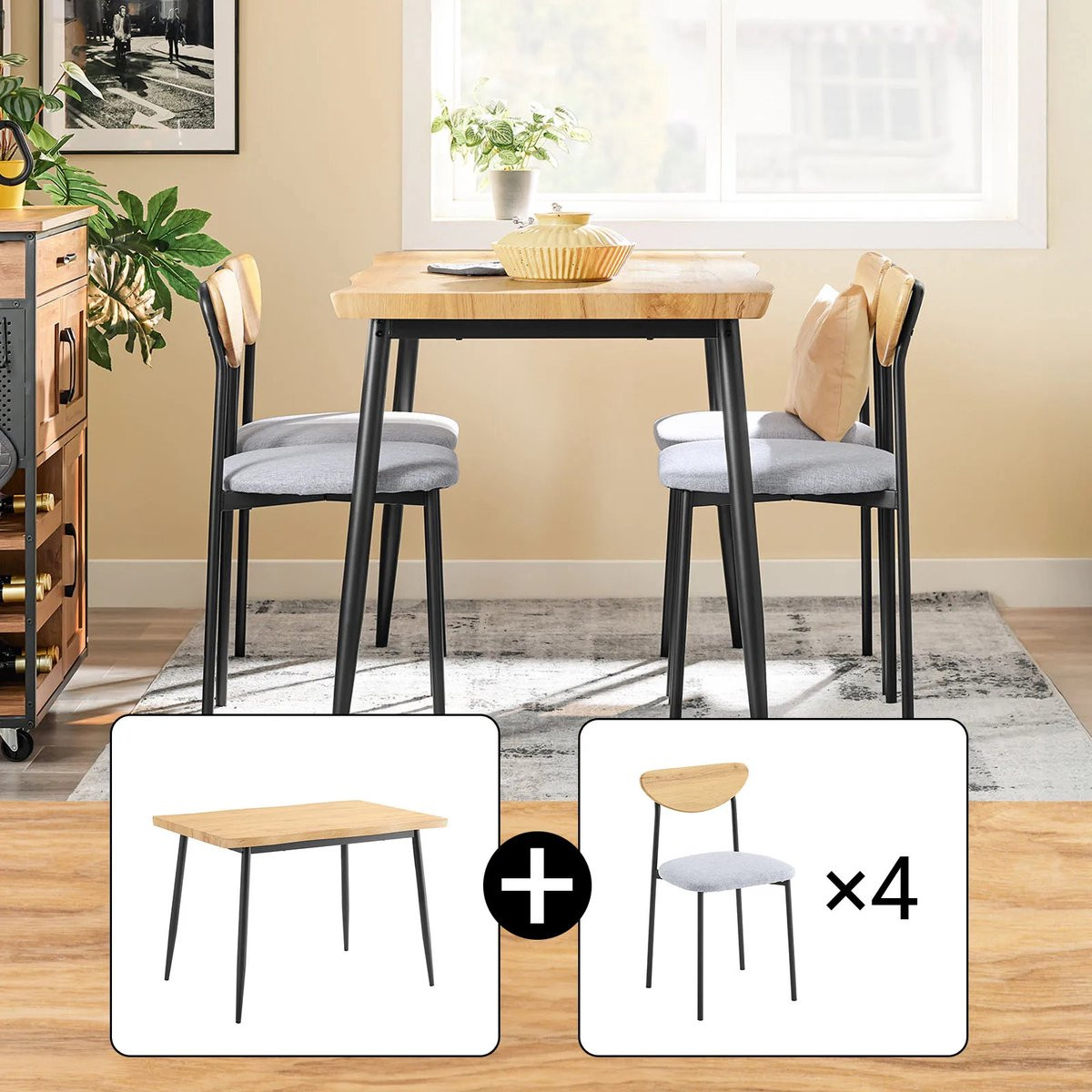 Gudalio Eettafel Set met 4 Gestoffeerde Stoelen - 5-delig - Hout