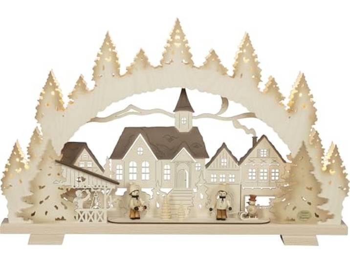 SAICO Premium-Line-Lichterbogen Weihnachtsmarktzauber mit Figuren und farbigen Akzenten - 7-flammige Premium LED-Beleuchtung – warmweiß - Kerzen mit Verblendung - Made in Germany