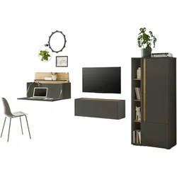 WOHNWAND grau matt , Eiche Wotan 4-teilig 310 cm, Wohnzimmer Schränke mit Sekretär