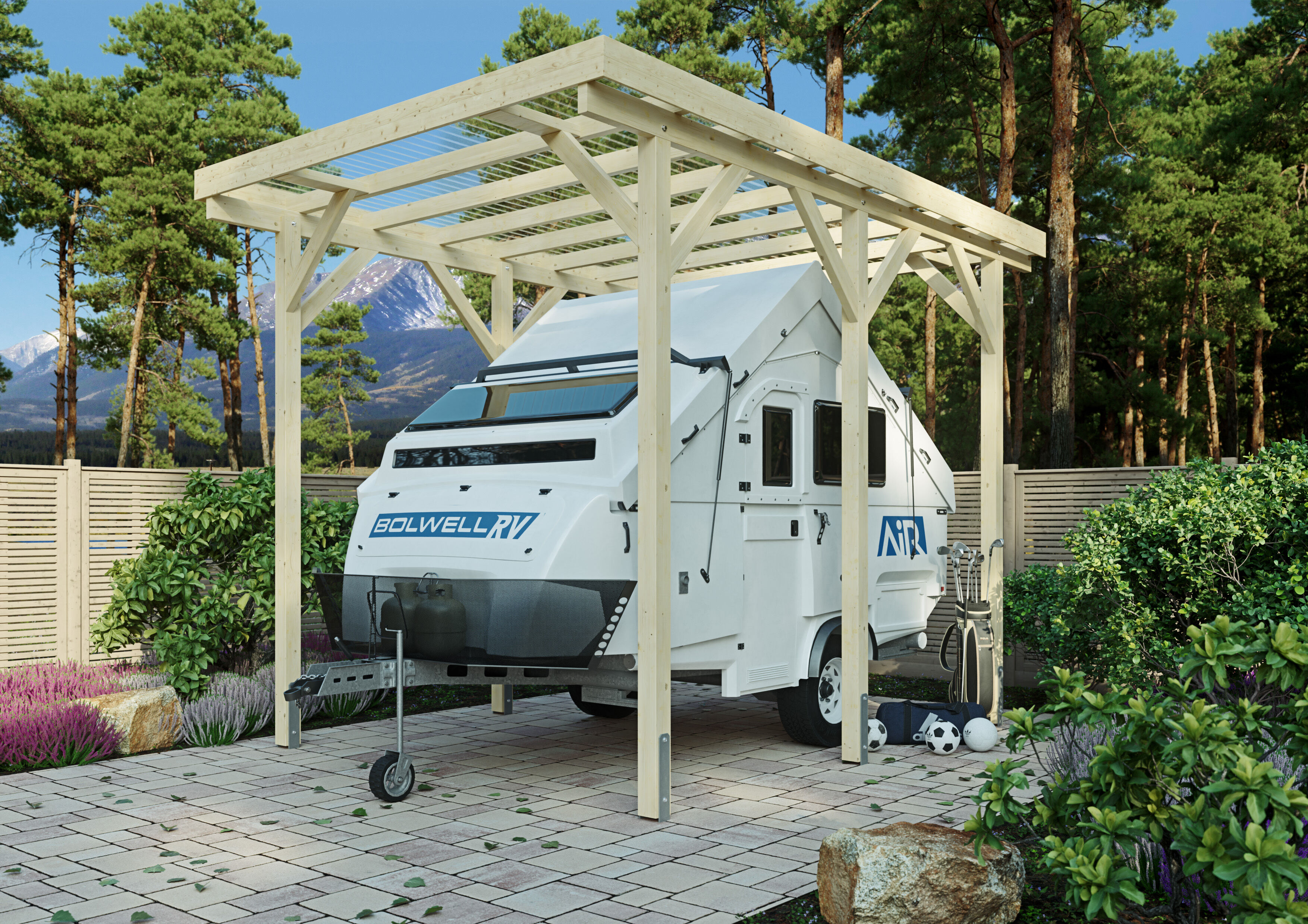 Einzelcarport KONIFERA "Neptun I", beige (unbehandelt), B/H/T: 352cm x, Carports, Einzelcarport, für Wohnmobile, Leimholz naturbelassen, PET-Flachdach lichtdurchlässig