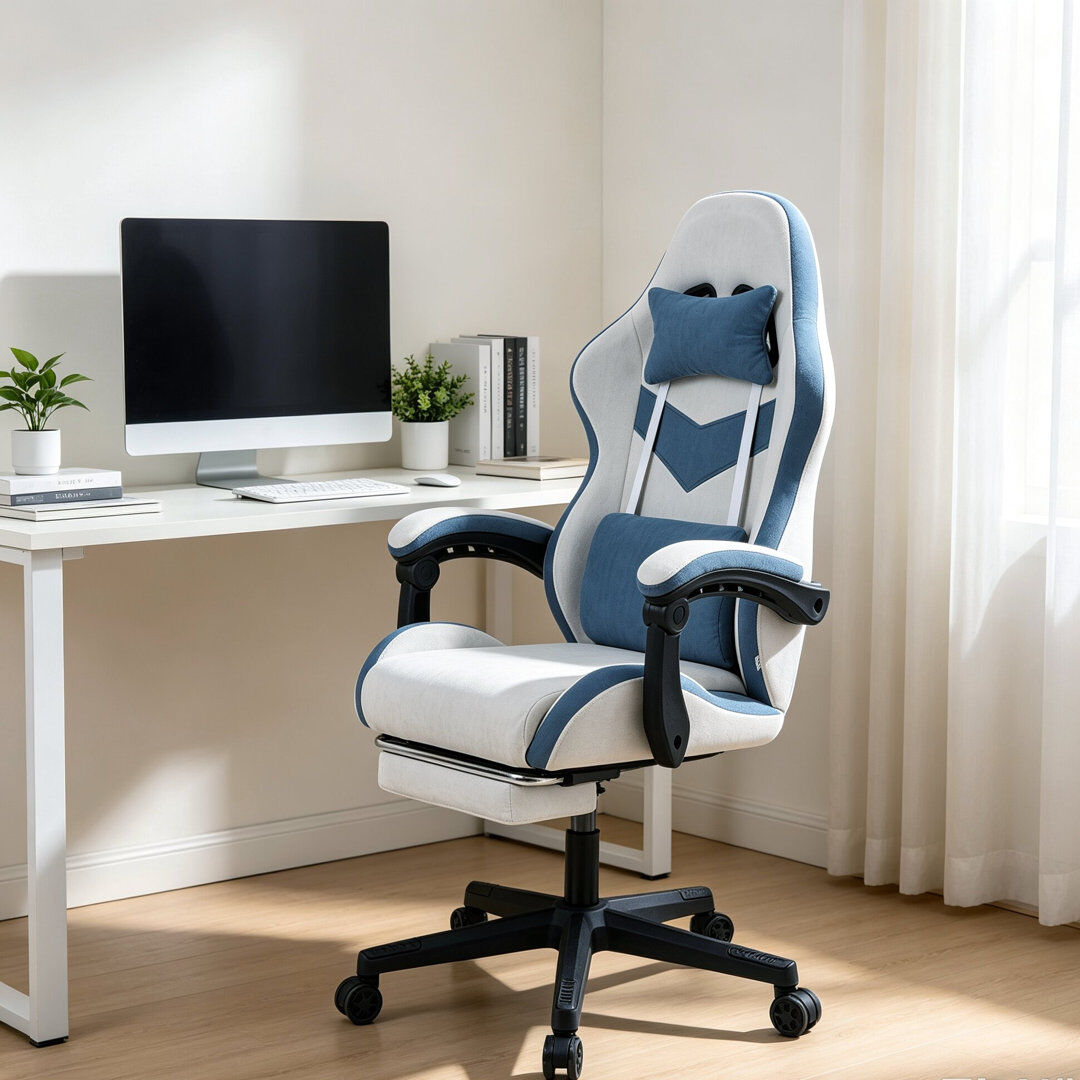 Brayden Studio Swiveling PC & Racing Game Chair White/Blue 125.5cm H X 70cm W X 70cm D