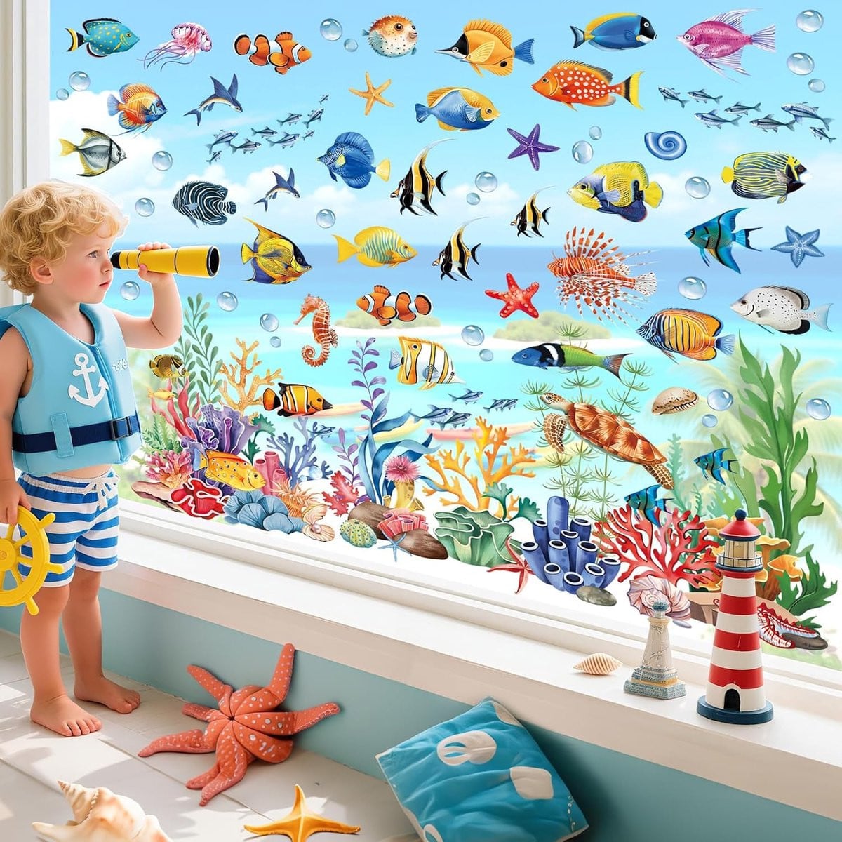 Dubbelzijdige PVC raamstickers met tropische zeedieren voor ramen