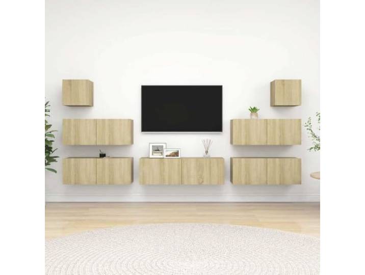 HEFZGDB 7-TLG. TV-Schrank-Set Sonoma-Eiche Holzwerkstoff mit modernem Design und großem Stauraum, Wandmontage, Robustes Wohnzimmermöbel-Set mit Mehreren Fächern zur Aufbewahrung,