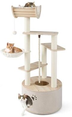 Costway 55.5 Inches Tall Wooden Cat Tree with Washable Plush Cushions for Indoor Cats