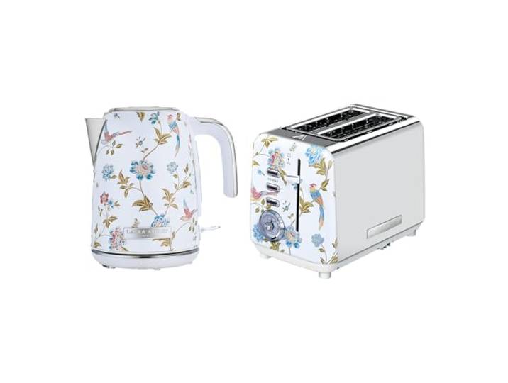 Laura Ashley Ensembles Bouilloire et Grille-Pain par VQ – Bouilloire Electrique 1\,7 L à Ébullition Rapide et Grille-Pain 2 Tranches avec Fonctions Décongélation et Réchauffage – Elveden Blanche