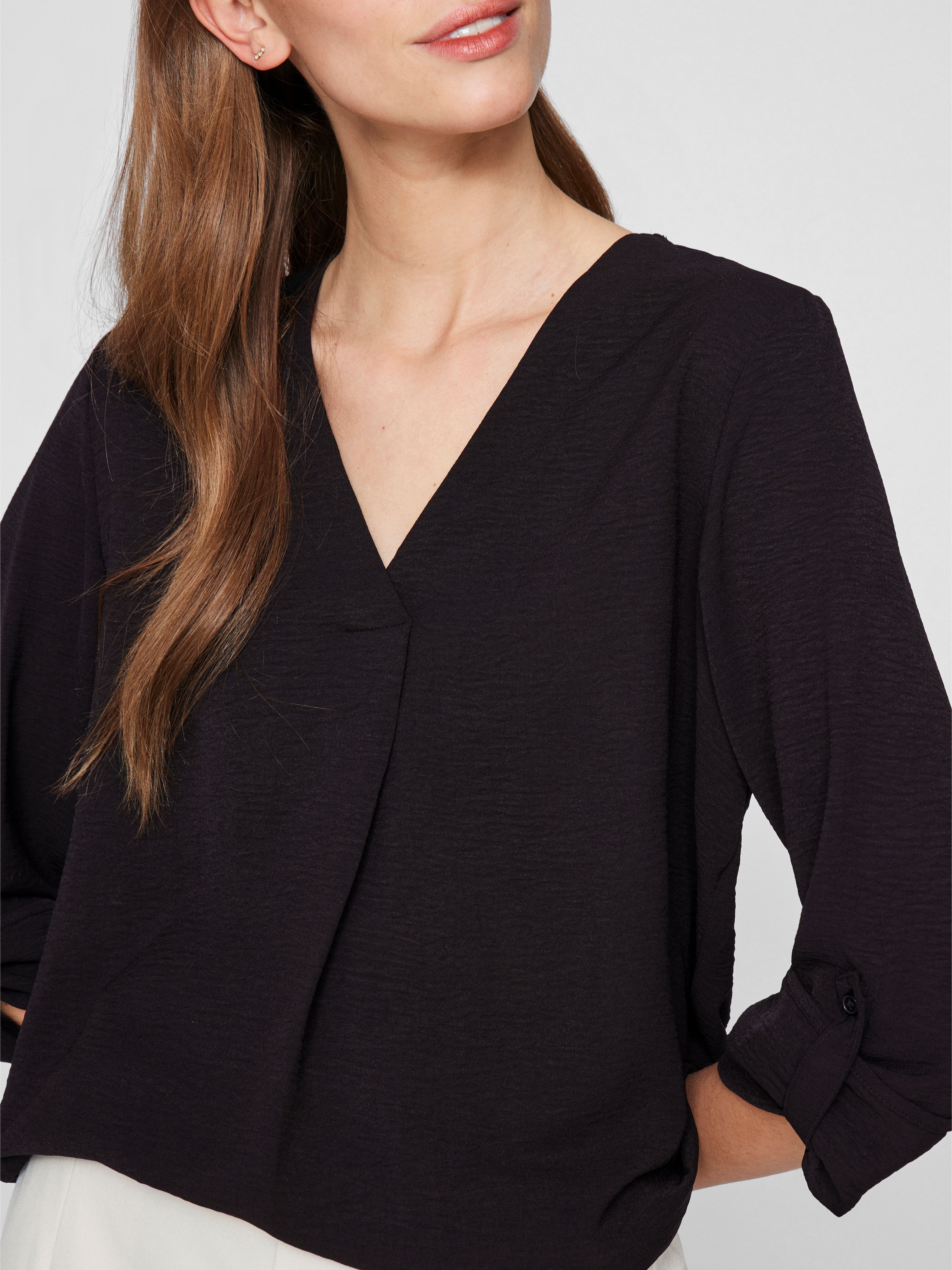 Blusenshirt VILA "VIJOSA 3/4 V-NECK TOP - NOOS", Damen, Gr. 36, schwarz (schwarz beauty), Jersey, Obermaterial: 100% Polyester, unifarben, regular fit normal, V-Ausschnitt, Shirts Blusenshirt schwarz beauty 36