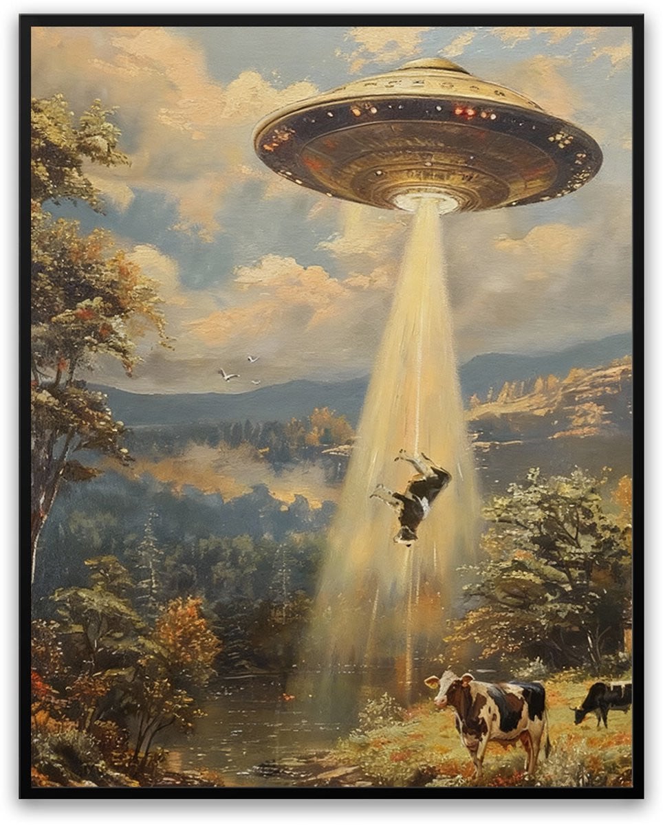 Koe Ufo Fotolijst met Landschap en Ruimteschip Poster, 40 x 50 cm