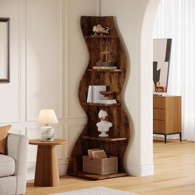 BLUEBELL 5-Tier Curved Wavy Corner Bookshelf, Freestanding Plant Stand Bookcase for Living Room