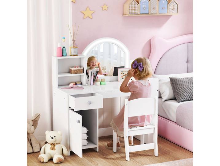 AIYAPLAY Coiffeuse Enfant Blanche avec Tabouret, LED, 1 Tiroir, 5 Étagères