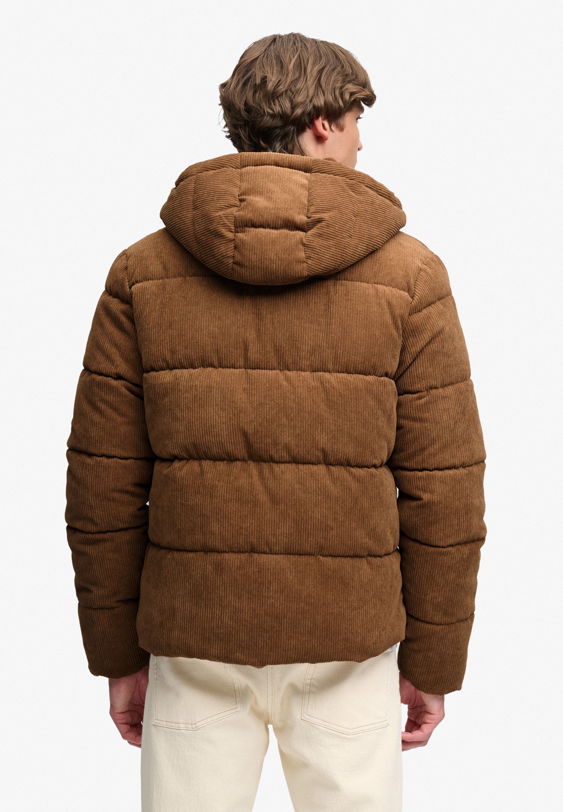 Steppjacke SUPERDRY "PREMIUM HOOD CORD PUFFER JKT", Herren, Gr. L, braun (schwarz tobacco braun), Web, Obermaterial: 100% Polyester, unifarben, relaxed fit normal, Jacken Steppjacke, Kunstfaser, relaxed fit