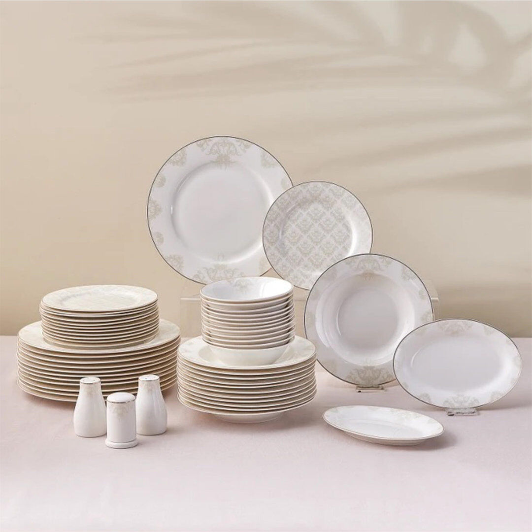 Fleur De Lis Living Somers Porcelain China Dinnerware Set 53 Piece - Service for 12 White 53