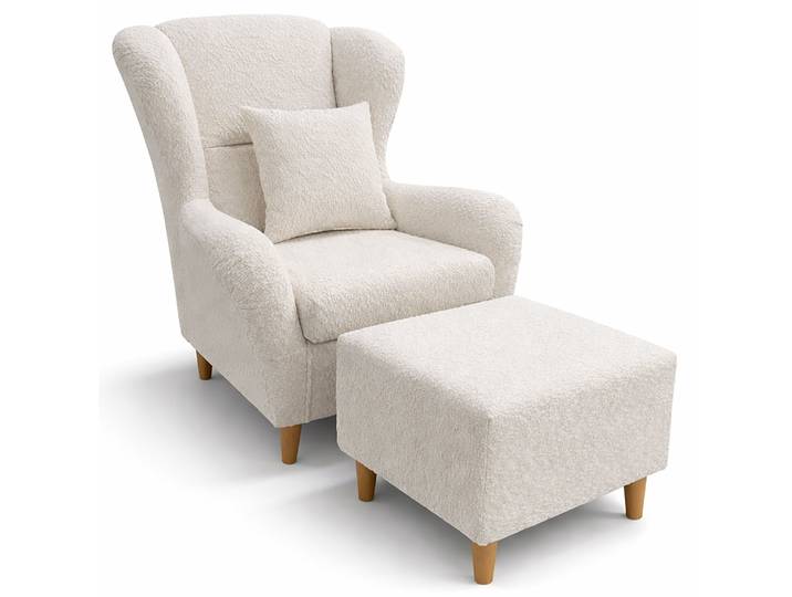 Ohrensessel Teddlo mit Hocker, cremefarbener Chenillebezug,