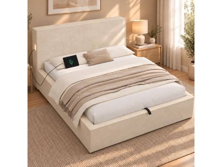 Lit coffre 120x200 cm beige en chenille lit simple rembourré avec sommier et grand rangement hydraulique