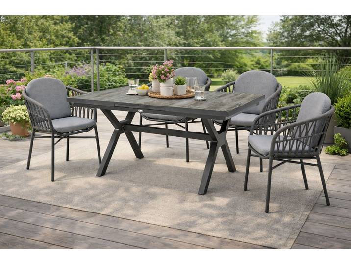 Garten-Essgruppe DESTINY COMO GARDA 4 Se + Auszietisch 160/210x100cm, grau/ anthrazit , grau (grau, anthrazit), B:57cm H:78cm T:58cm, Aluminium, Wicker/Kunststoffgeflecht, Sitzmöbel-Sets, Garten-Essgruppe, Aluminium, Rope, Keramikplatten