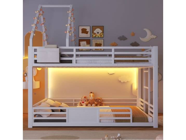 ULEVR Lit superposé 140x200 cm en métal et MDF style cabane LED multicolore poches en tissu blanc
