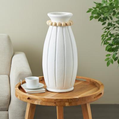 ARCILLA ELEMENTAL White Magnesium Oxide Decorative Vase with Light Brown Beads and Carved Grooves