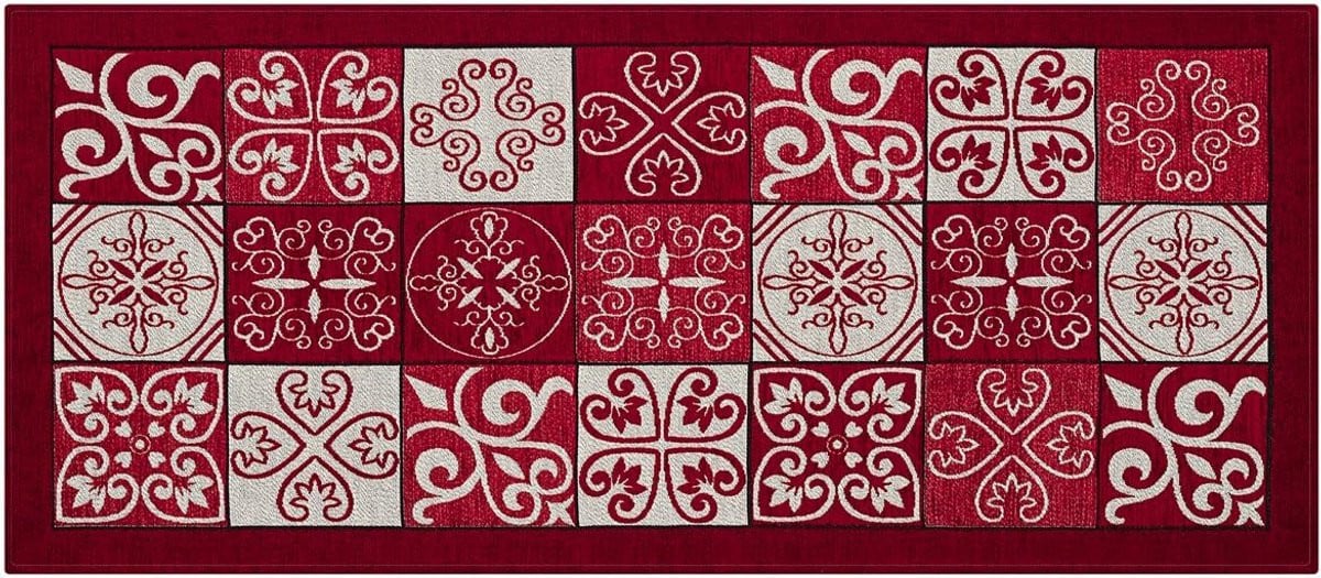 Wasbaar antislip keukentapijt met rood majolica bloemenpatroon