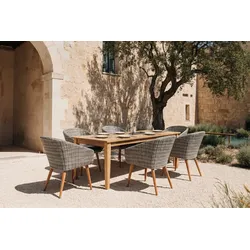 OUTFLEXX Borneo/Kota Garten-Essgruppe, natur/grau-meliert, Akazie/Alu/Polyrattan, 220x100 cm, 6 Cocktailsessel, Akazie, FSC®-zertifiziertes Produkt