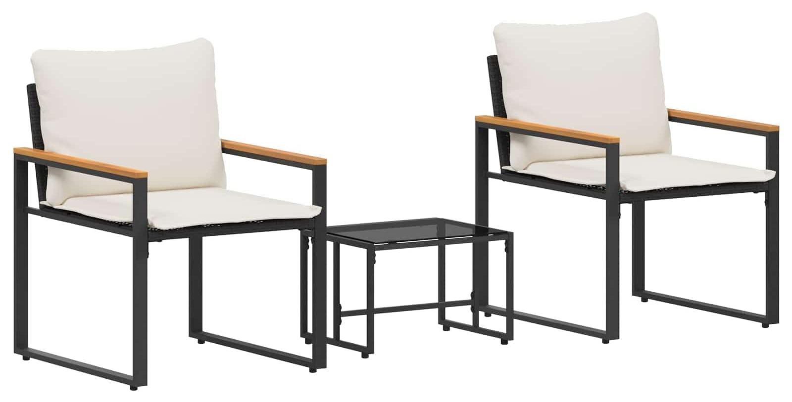 Loungeset, 3-teilig, Schwarz und Cremeweiß, Rattan - Gartenmöbel aus Kunststoff-Rattan