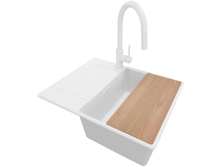 PRIMAGRAN Granitspüle ab 45er Unterschrank + Küchenarmatur, 62x50cm Set: Küchenarmatur BW9010 + Ablauf-Set + Schneidebrett + Eckspüle 1 Becken - Kopenhagen, Alles Weiß