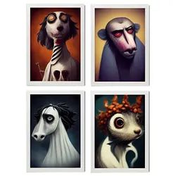 POSTER Set mit 4 Neugierig Tier im T Burton Goth Stil A4 Weißer Rahmen