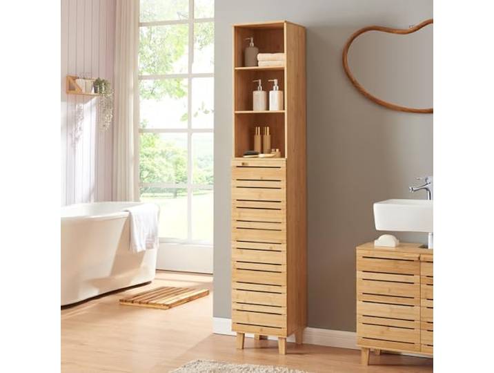 [en.casa] Badezimmer Hochschrank schmal Epind Badezimmerschrank mit Tür Badschrank mit 5 Fächern 180 x 33 x 30 cm Bambus