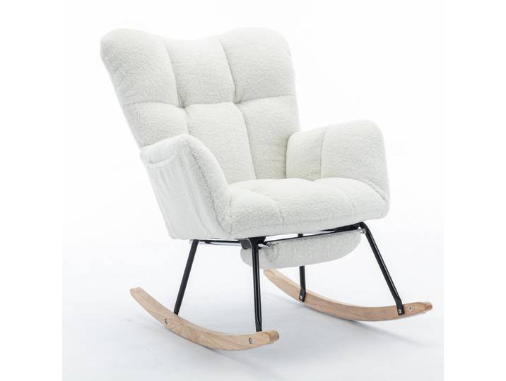Wishdor Schaukelstuhl Stoff Weiß mit Klappbarer Fußablage, Holz, Rechteckig, 70x98.5x123 cm, Wohnzimmer, Sessel, Schaukelstühle