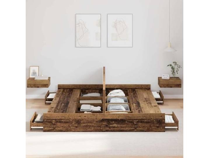KTHLBRH Bettkasten 200 x 200 cm Altholz 4 Schubladen, massives Kiefernholz, mehrschichtig, max. 200 kg, moderner Stil