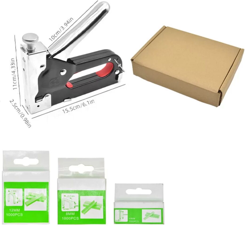 INF Manueller 3-in-1 Tacker UTM1000PCS – schwarzer Stahlkörper mit TPR-Griff, integrierter Klammerentferner, inkl. 1000PCS