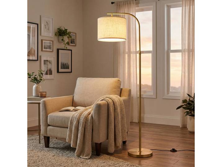 Vasagle – Lampadaire Arc Réglable En Hauteur 150–175 Cm – Abat-jour En Tissu Doré – Interrupteur Au Pied – Lumière Douce Et Agréable