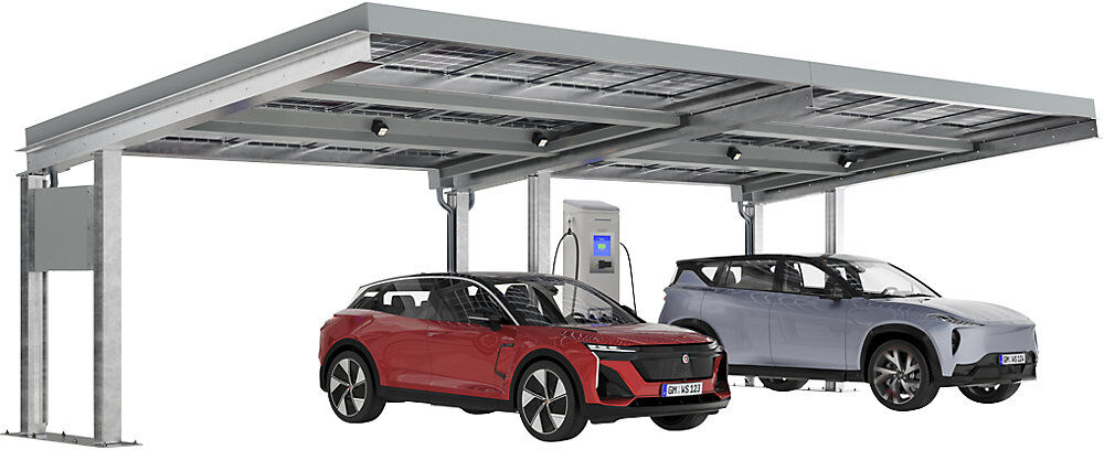 Fahrzeugüberdachung SolarCover mit PV-Modulen mit Schaltschrank, verzinkt, B 5370 mm, Anbaueinheit WSM