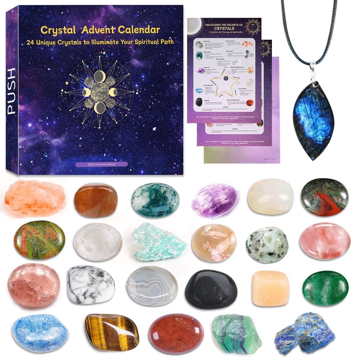 Dailygoods Adventskalender 2024 met 24 natuurlijke kristallen edelstenen