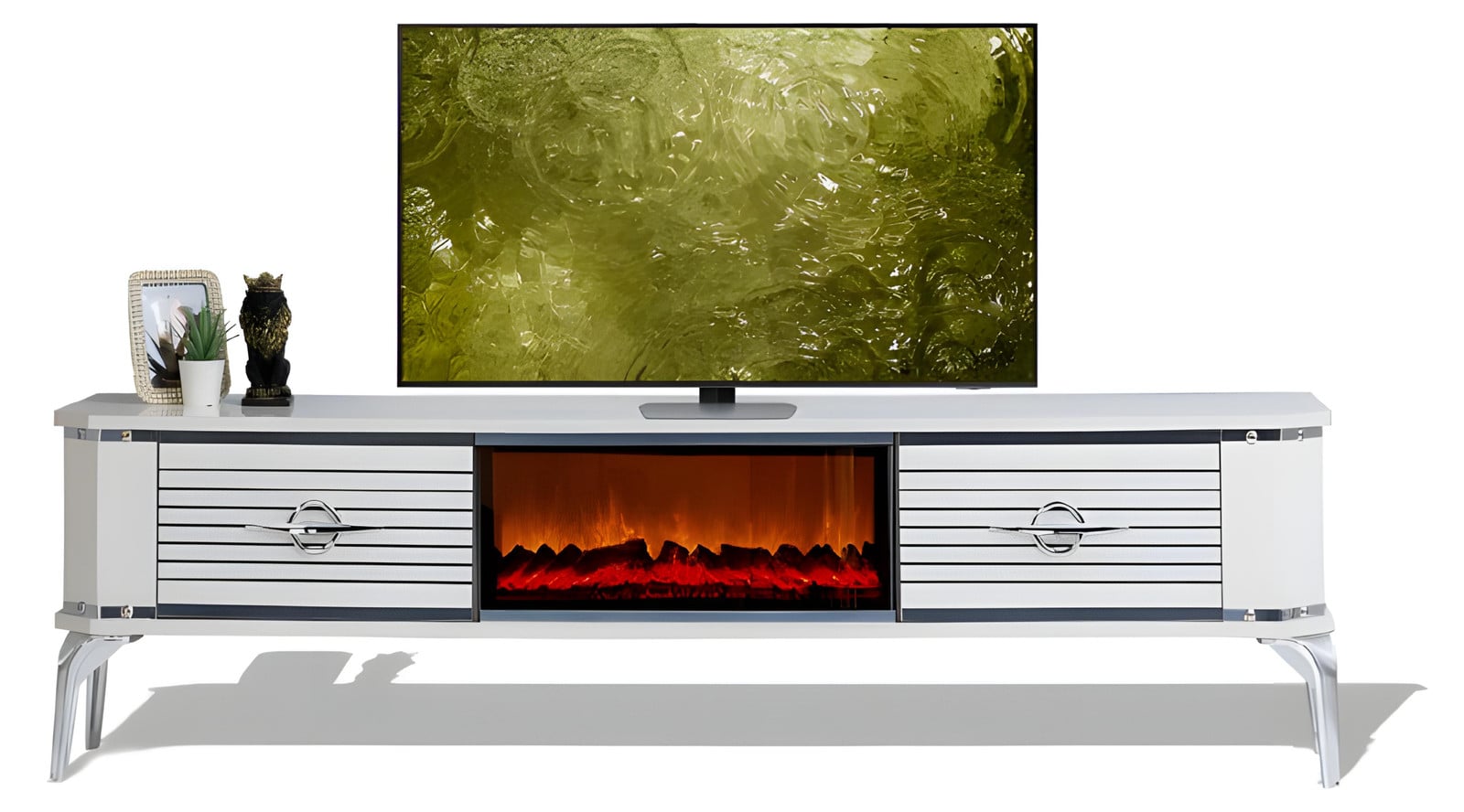 Multifunctionele TV-kast met haard en twee laden met metalen handgrepen