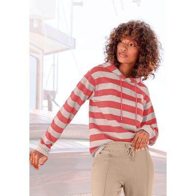 Kapuzensweatshirt H.I.S, Damen, Gr. 48/50, rot (rot, nougat, gestreift), Interlock, Obermaterial: 100% Baumwolle, gestreift, bequem normal, Rippbündchen, Sweatshirts, im maritimen Stil, Loungewear