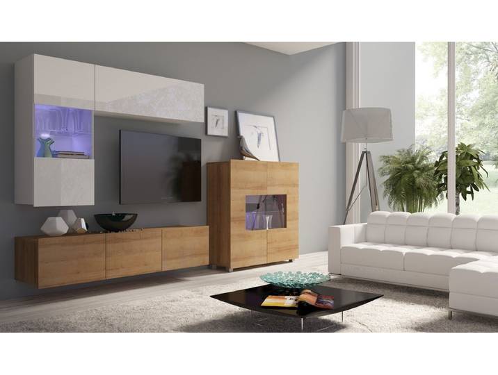 Designer Wohnwand Miro mit LED - Weiß-Holz - Luxusbetten24