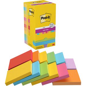 Post-it Haftnotizen Super Sticky Carnival und Playful, bunt, 76 x 76mm, selbstklebend, 12x 90 Blatt