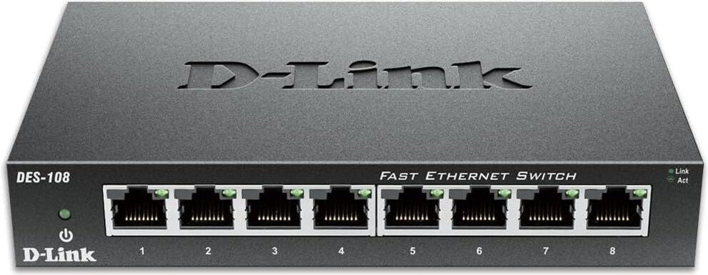 D-Link DES-108/B 8-Port Fast Ethernet Unmanaged Desktop Switch - 10/100 Mbit/s, Metal - UK Version, New
