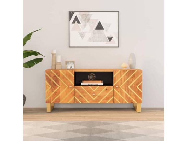 HEFZGDB TV-Schrank Braun und Schwarz 105x33,5x46 cm Massivholz Mango mit Stauraum und Eisenbeinen für Wohnzimmer