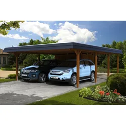 Carport Wendland 630x879 schwarze Blende, nussbaum, mit Abstellraum, Dachschalung und EPDM Holzcarport
