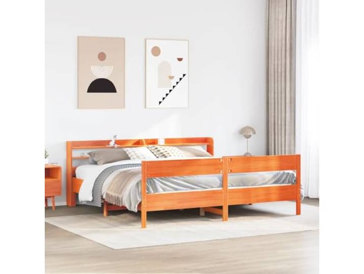 RJPLMFV Bettgestell, 180 x 200 cm, massives Kiefernholz, Braun Ohne Matratze, Kopfteil mit 3 Regalen, Lattenrost inklusive, langlebig und robust