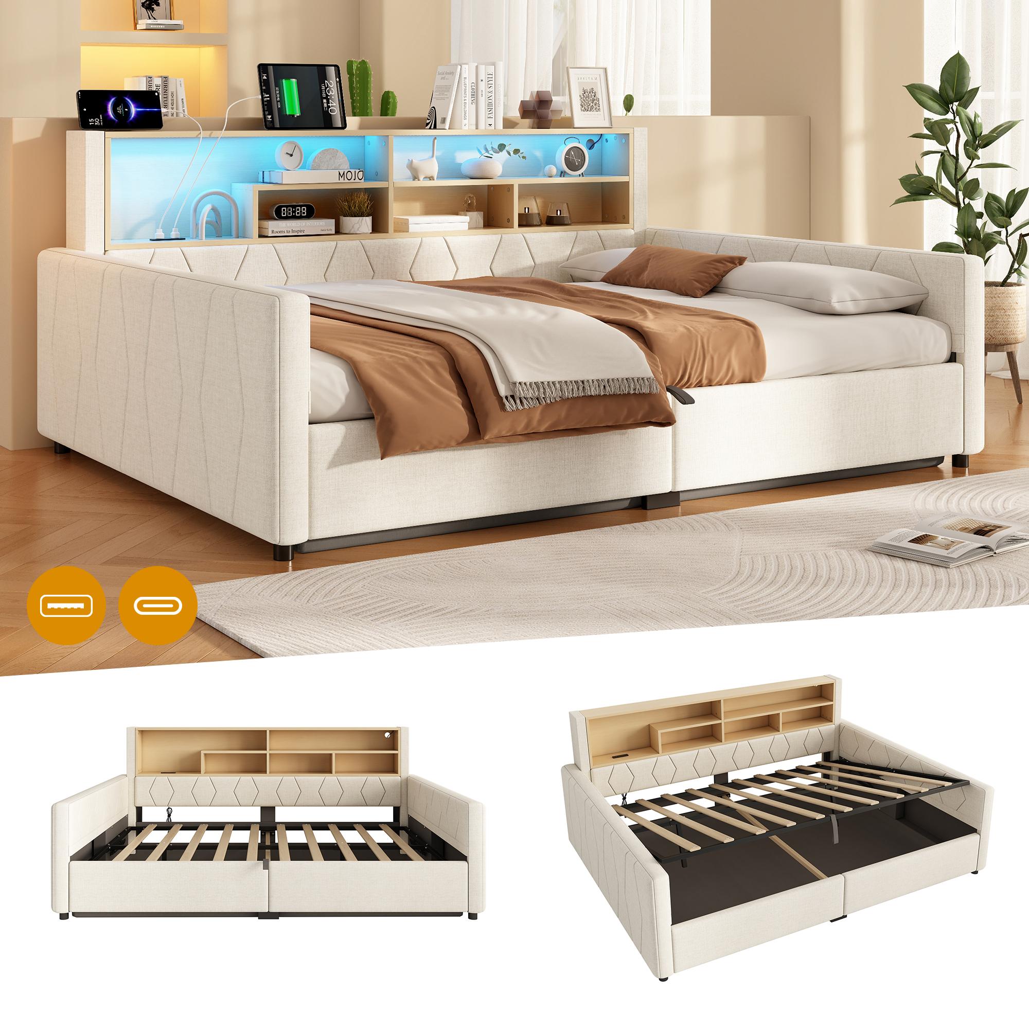 Tagesbett, 140 x 200 cm, Hydraulische Lagerung, Steckdose, mit USB-Anschluss, Mit LED-Lichtleiste, ohne Matratze, Leinen, Beige