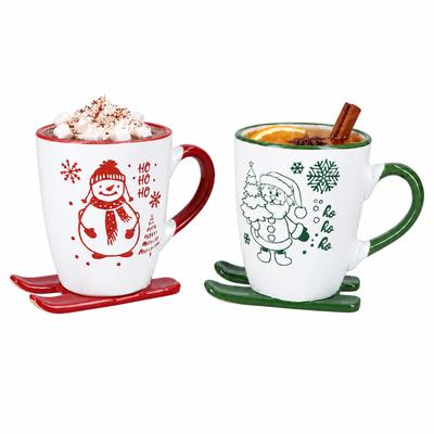 2er Set HoHoHo Kaffeebecher auf Skiern 330ml Rot Grün Weihnachten Tasse Glühwein