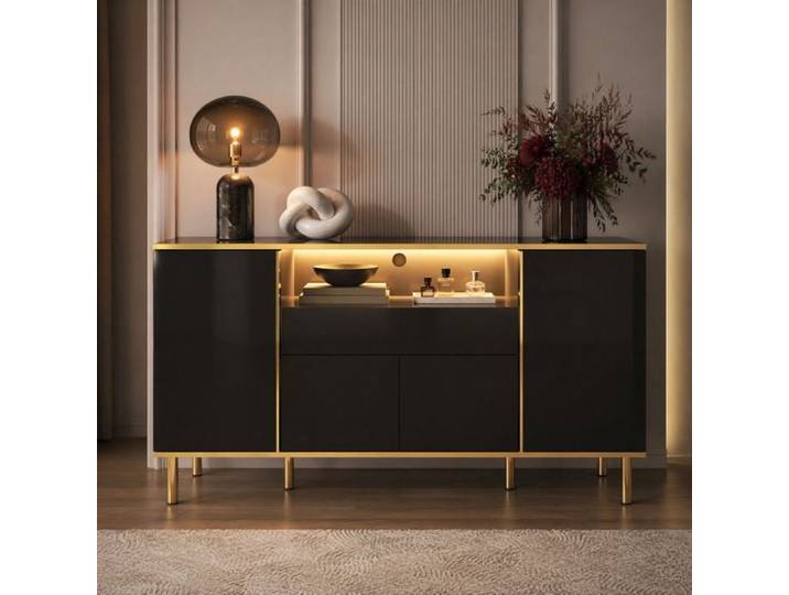 Buffet bahut enfilade noir brillant 150 cm avec 4 portes 1 tiroir LED et grand compartiment JOINERY