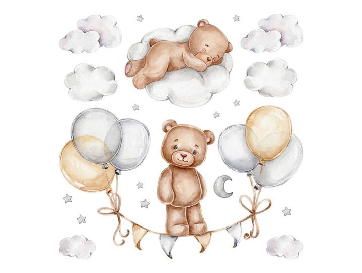 Wallfluent Wandaufkleber 80x106cm - Aquarell-Teddybären, Mehrfarbig, Kunststoff, Rechteckig, 80x106x0.1 cm, Tapeten & Wandverkleidungen, Wandtattoos & Sticker, Wandtattoos