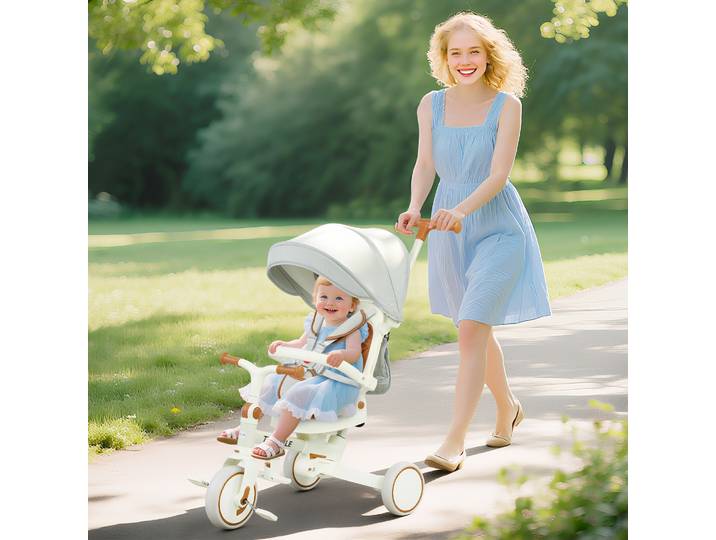 AIYAPLAY Tricycle Enfant 5 en 1 avec Poignée et Capote Blanc