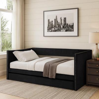 Benjara Trundle Daybed, Soft Black Velvet Upholstery, Classic Nailhead Trim Design